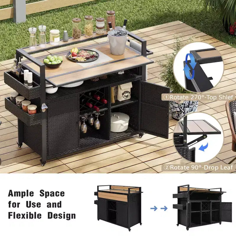 Wicker Outdoor Grill Cart with Extended Table Top, Rolling Kitchen Island with Ample Storage, Spice Racks &amp; Lockable Wheels