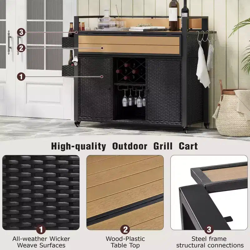 Wicker Outdoor Grill Cart with Extended Table Top, Rolling Kitchen Island with Ample Storage, Spice Racks &amp; Lockable Wheels