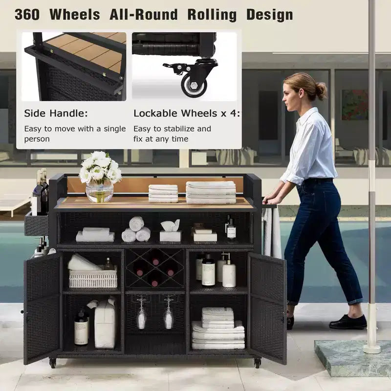 Wicker Outdoor Grill Cart with Extended Table Top, Rolling Kitchen Island with Ample Storage, Spice Racks &amp; Lockable Wheels