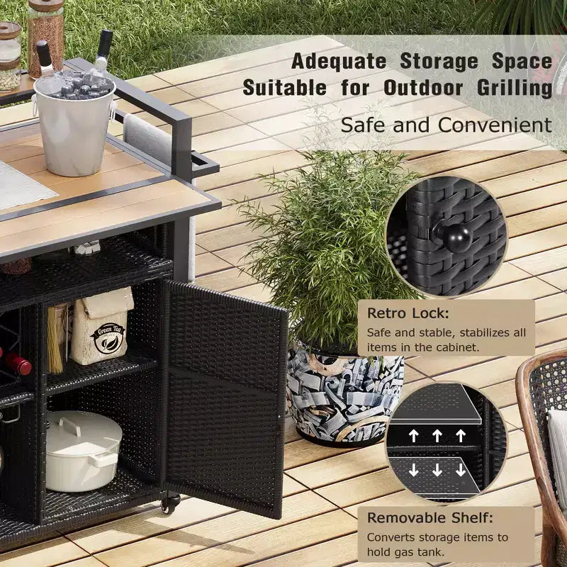 Wicker Outdoor Grill Cart with Extended Table Top, Rolling Kitchen Island with Ample Storage, Spice Racks &amp; Lockable Wheels