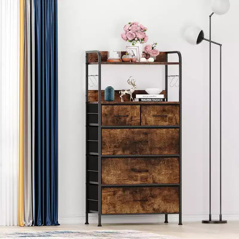 Garvee 5 Drawers Dresser for Bedroom - Fabric Storage Tower with Wood Top, Sturdy Steel Frame, Easy Pull Handle Dressers