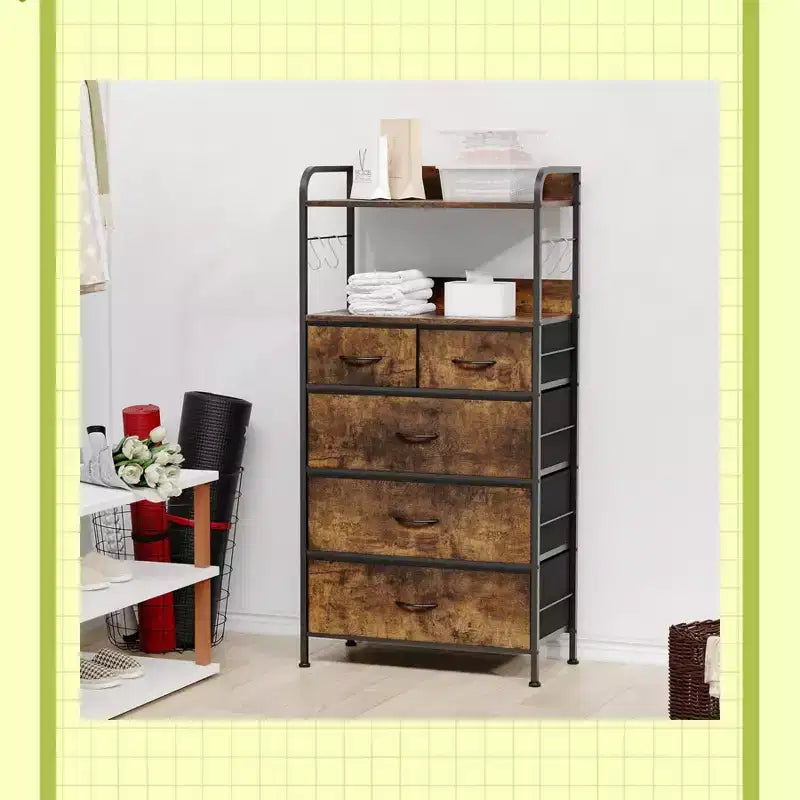 Bedroom five-drawer chest of drawers - Fabric storage cabinet, wooden countertop, sturdy steel frame, easy-pull handles