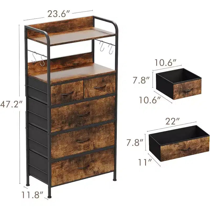 Bedroom five-drawer chest of drawers - Fabric storage cabinet, wooden countertop, sturdy steel frame, easy-pull handles