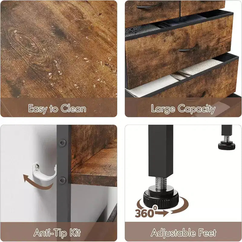 Bedroom five-drawer chest of drawers - Fabric storage cabinet, wooden countertop, sturdy steel frame, easy-pull handles