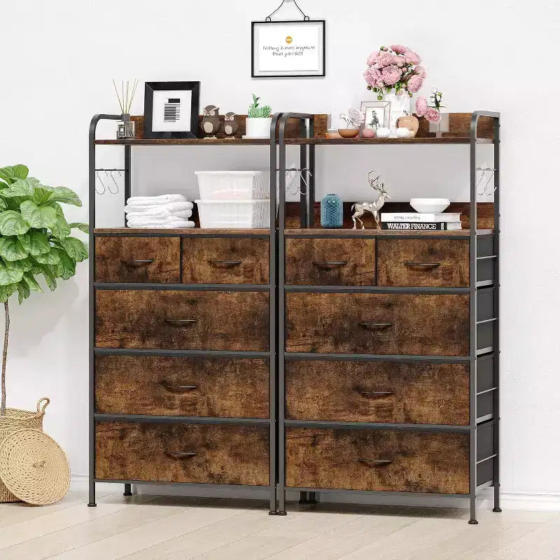 Bedroom five-drawer chest of drawers - Fabric storage cabinet, wooden countertop, sturdy steel frame, easy-pull handles