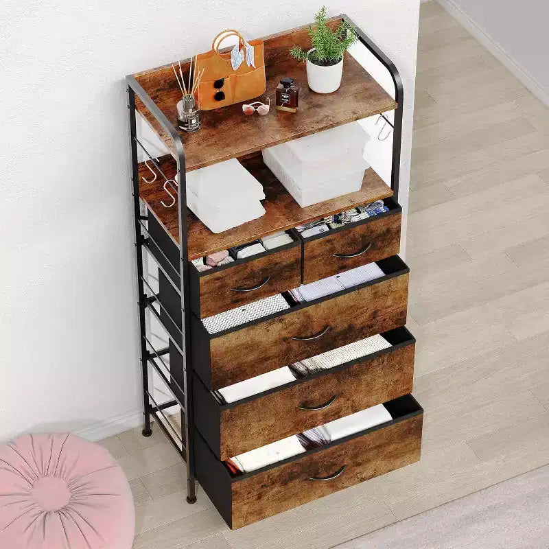 Bedroom five-drawer chest of drawers - Fabric storage cabinet, wooden countertop, sturdy steel frame, easy-pull handles