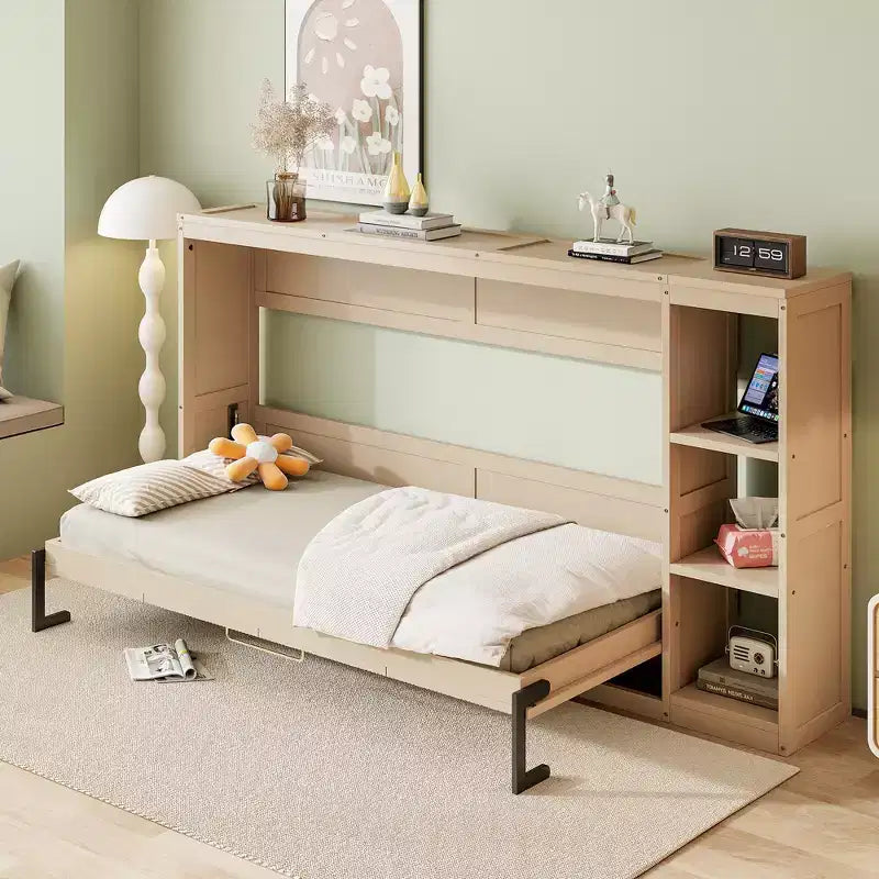Whisen Twin-Size Murphy Bed with Built-In Bookshelf &amp; Storage  Space-Saving, Sturdy LVL/MDF Design, No Box Spring Needed