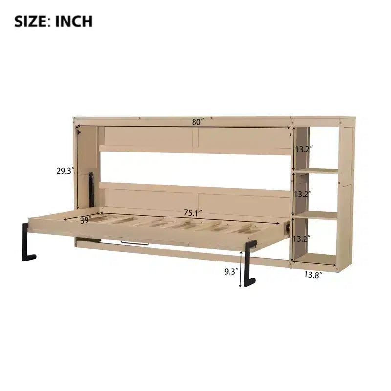Double bed with built-in bookshelves and storage space to save space and eliminate the need for a mattress base.