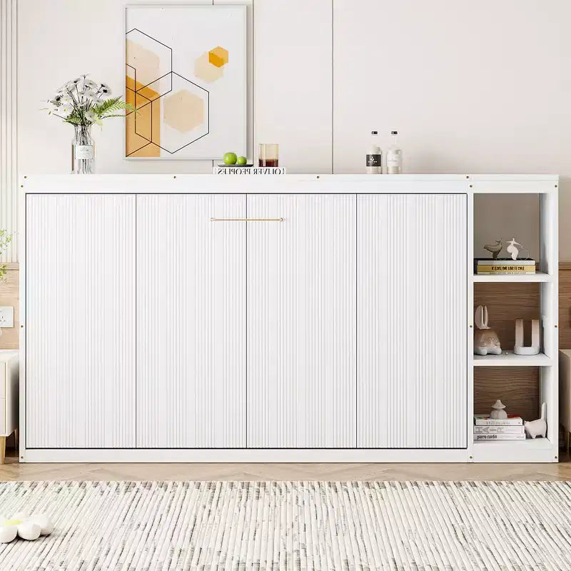 Double bed with built-in bookshelves and storage space to save space and eliminate the need for a mattress base.