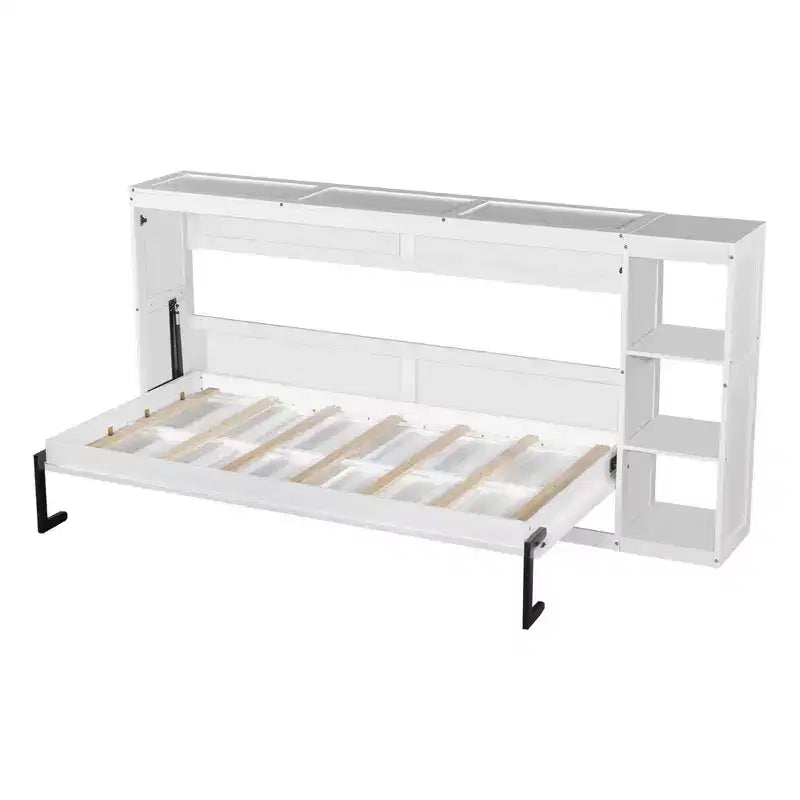 Double bed with built-in bookshelves and storage space to save space and eliminate the need for a mattress base.