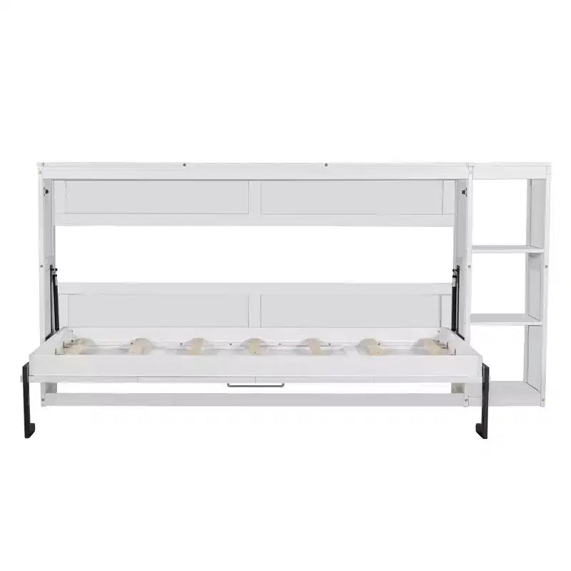 Double bed with built-in bookshelves and storage space to save space and eliminate the need for a mattress base.