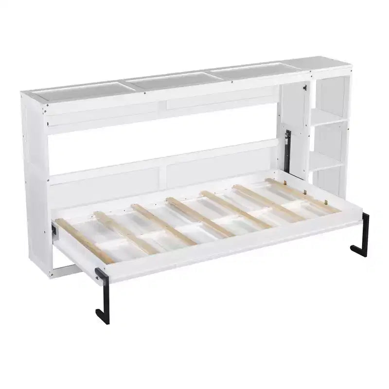 Double bed with built-in bookshelves and storage space to save space and eliminate the need for a mattress base.