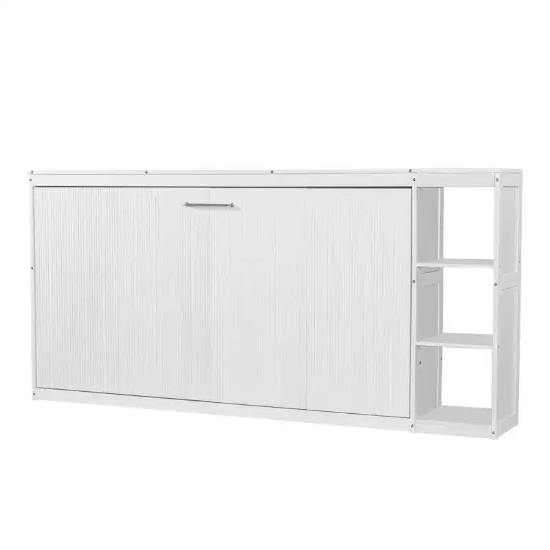 Double bed with built-in bookshelves and storage space to save space and eliminate the need for a mattress base.