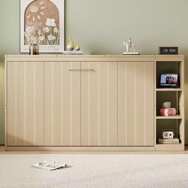 Double bed with built-in bookshelves and storage space to save space and eliminate the need for a mattress base.