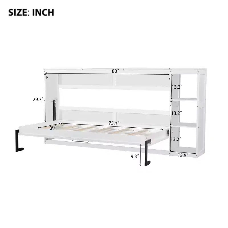 Double bed with built-in bookshelves and storage space to save space and eliminate the need for a mattress base.