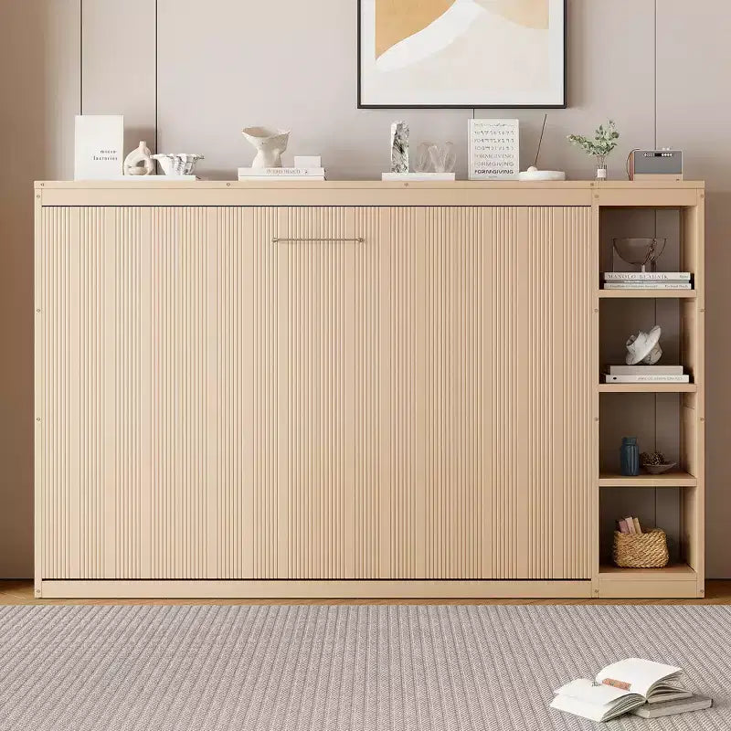 Double bed with built-in bookshelves and storage space to save space and eliminate the need for a mattress base.