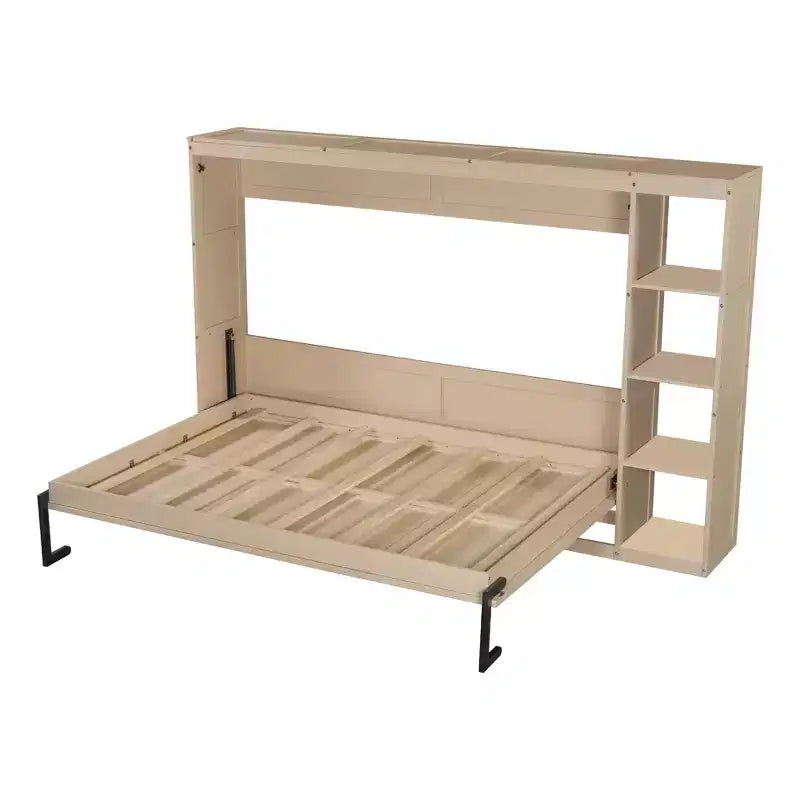 Double bed with built-in bookshelves and storage space to save space and eliminate the need for a mattress base.