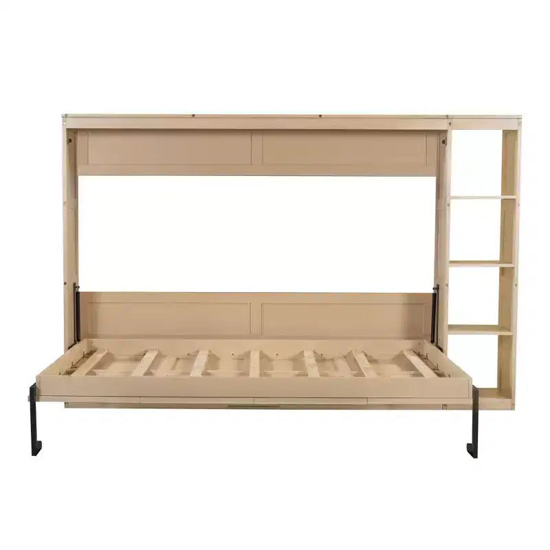 Double bed with built-in bookshelves and storage space to save space and eliminate the need for a mattress base.