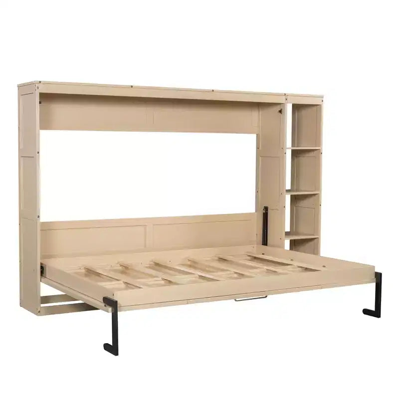 Double bed with built-in bookshelves and storage space to save space and eliminate the need for a mattress base.