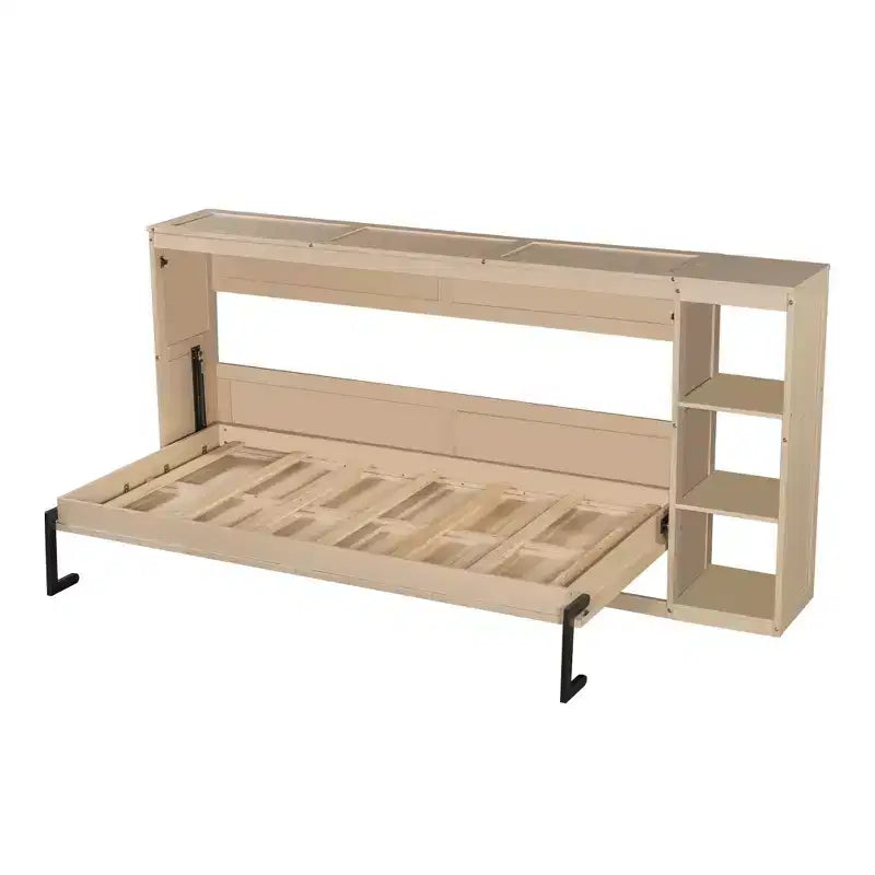 Double bed with built-in bookshelves and storage space to save space and eliminate the need for a mattress base.