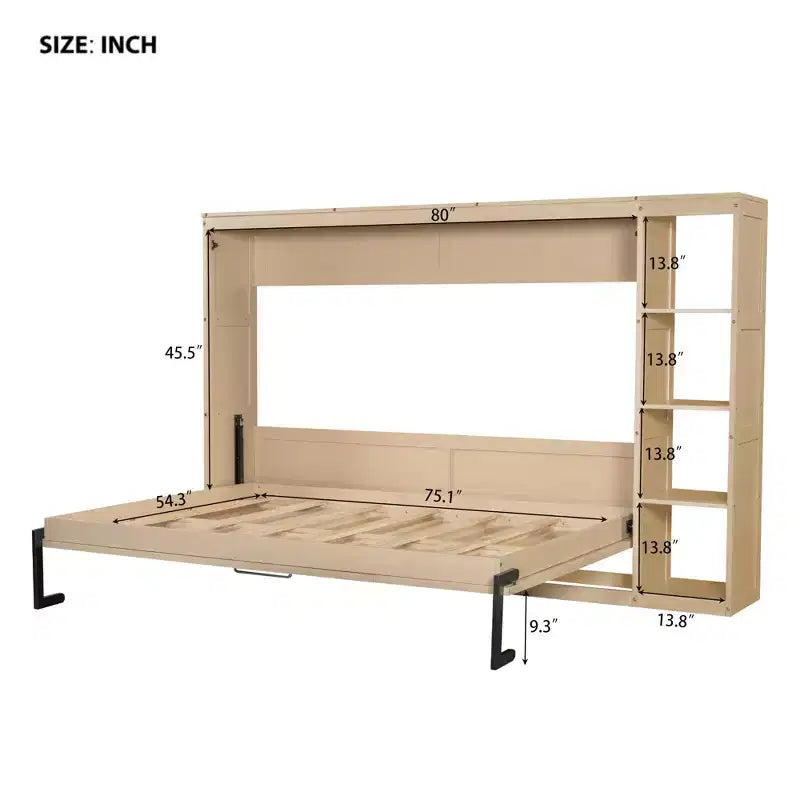 Double bed with built-in bookshelves and storage space to save space and eliminate the need for a mattress base.