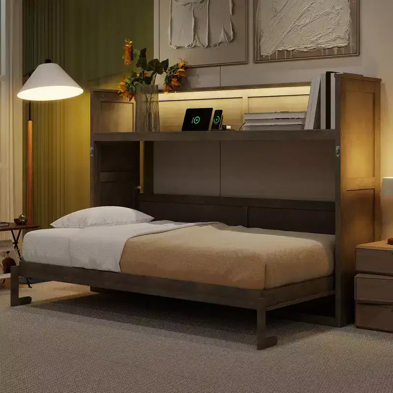 Double bed with built-in bookshelves and storage space to save space and eliminate the need for a mattress base.