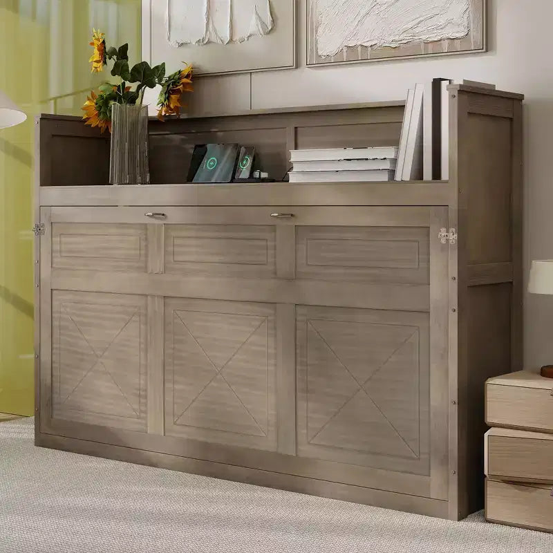 Double bed with built-in bookshelves and storage space to save space and eliminate the need for a mattress base.