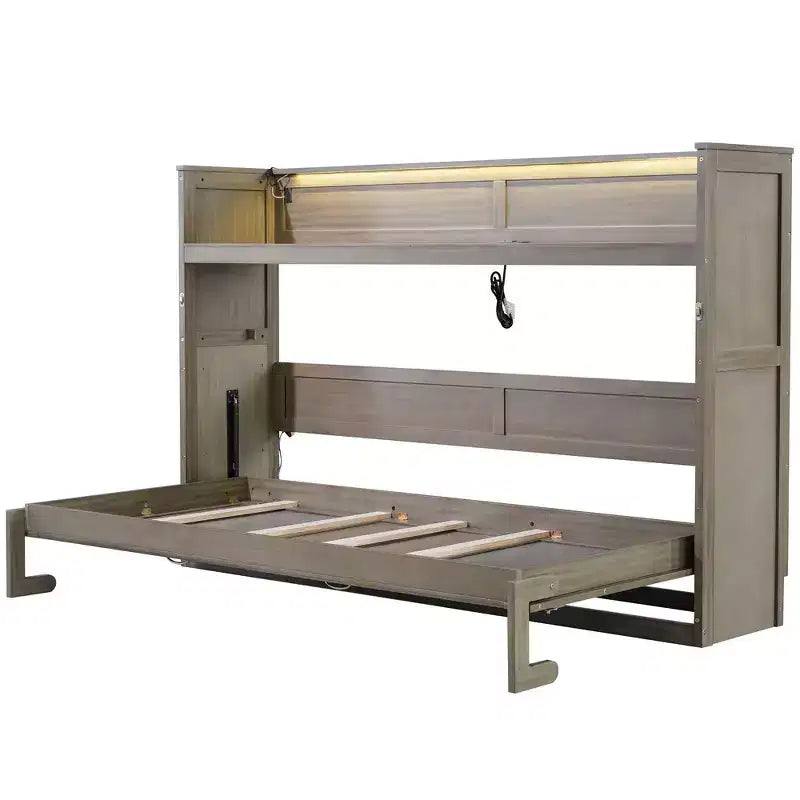 Double bed with built-in bookshelves and storage space to save space and eliminate the need for a mattress base.