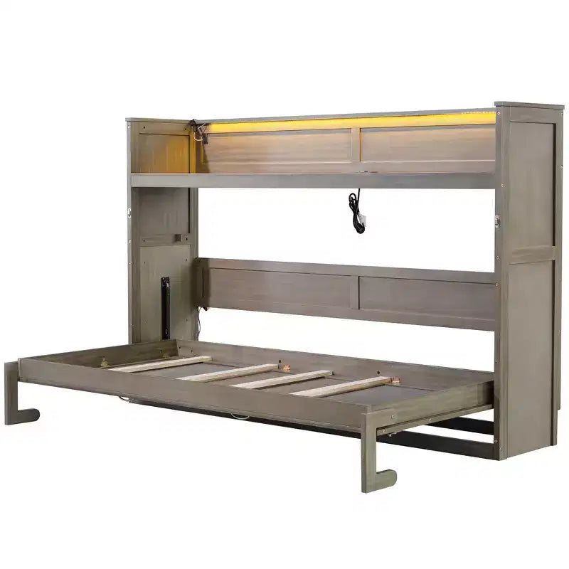Double bed with built-in bookshelves and storage space to save space and eliminate the need for a mattress base.