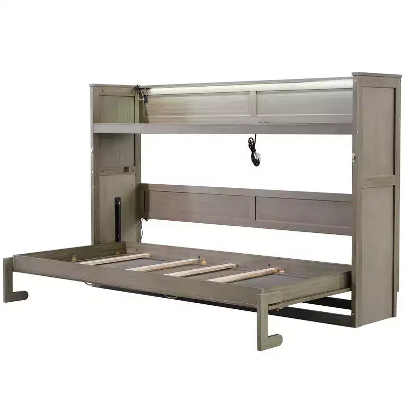 Double bed with built-in bookshelves and storage space to save space and eliminate the need for a mattress base.