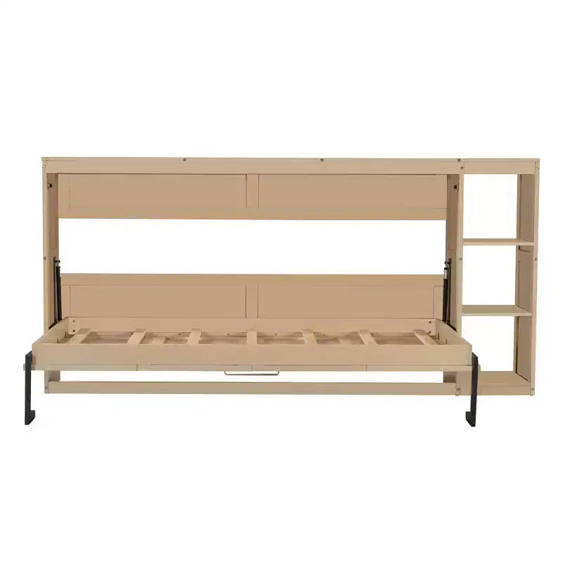 Double bed with built-in bookshelves and storage space to save space and eliminate the need for a mattress base.