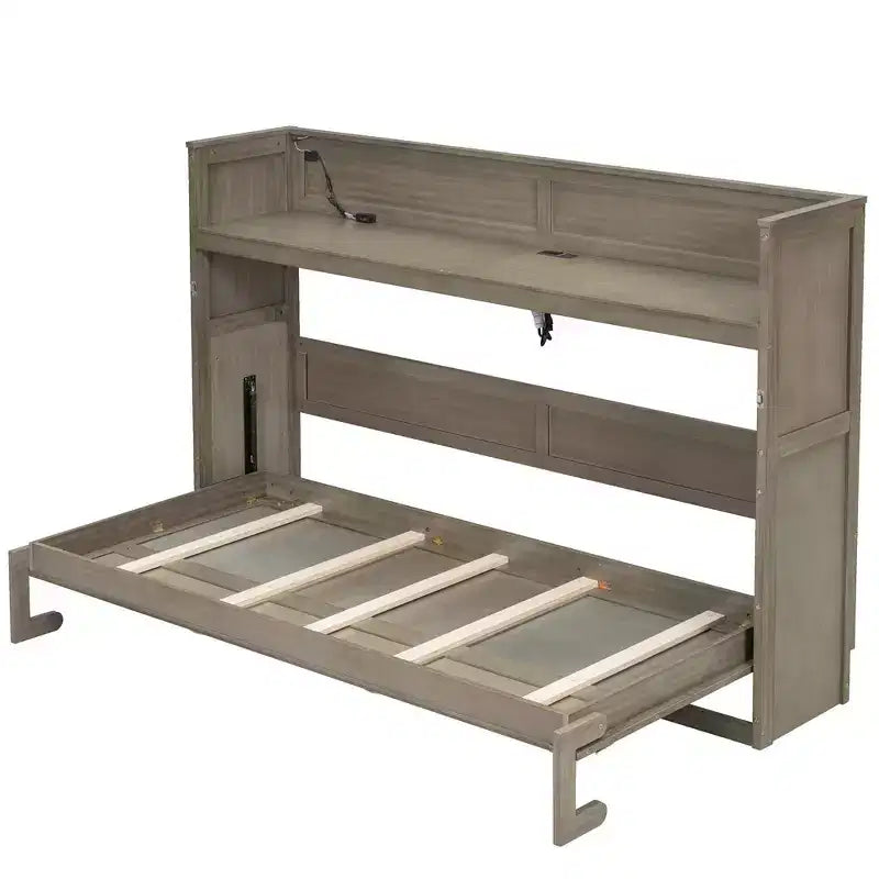 Double bed with built-in bookshelves and storage space to save space and eliminate the need for a mattress base.