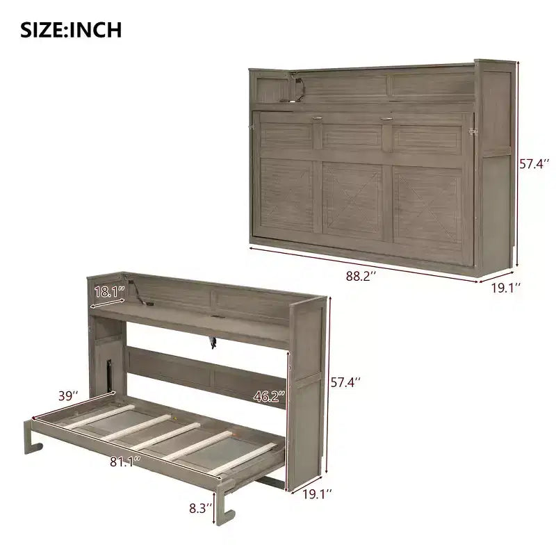 Double bed with built-in bookshelves and storage space to save space and eliminate the need for a mattress base.
