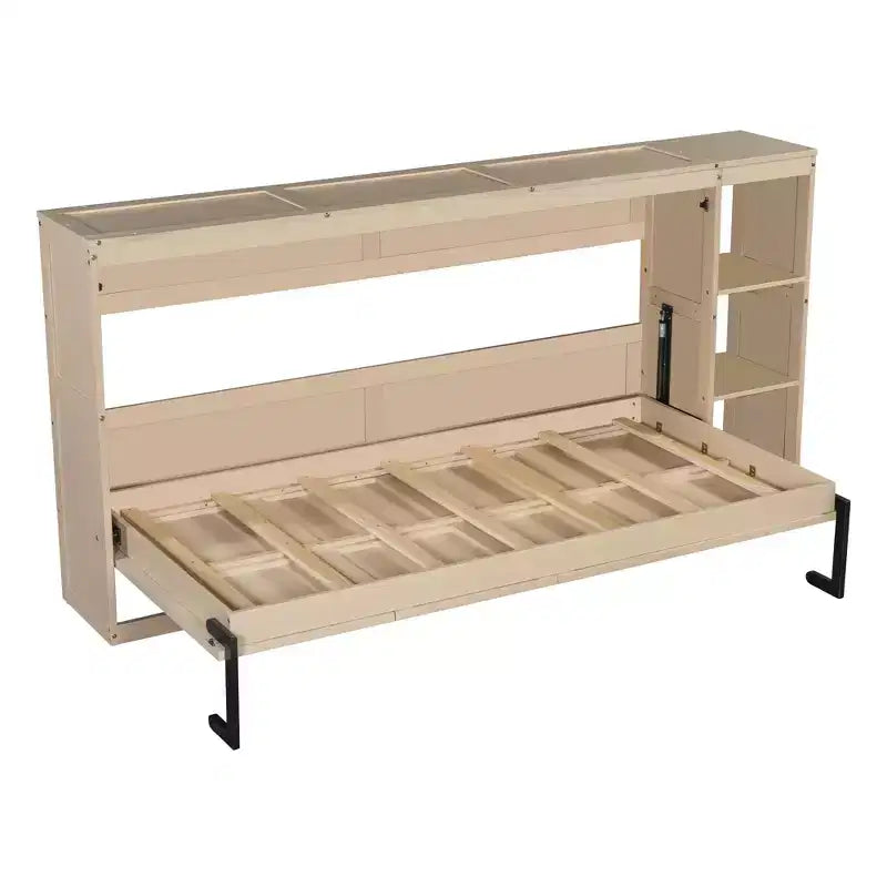 Double bed with built-in bookshelves and storage space to save space and eliminate the need for a mattress base.