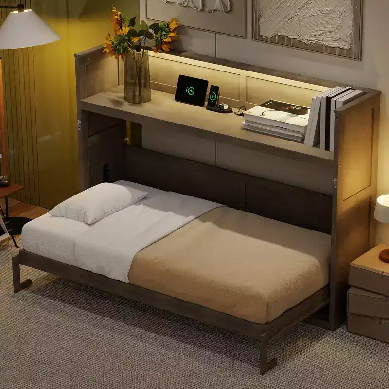 Double bed with built-in bookshelves and storage space to save space and eliminate the need for a mattress base.