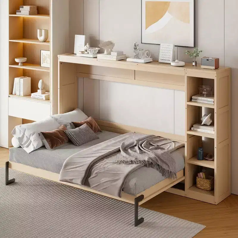 Double bed with built-in bookshelves and storage space to save space and eliminate the need for a mattress base.