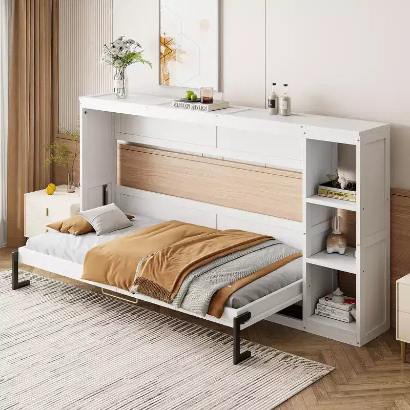 Double bed with built-in bookshelves and storage space to save space and eliminate the need for a mattress base.