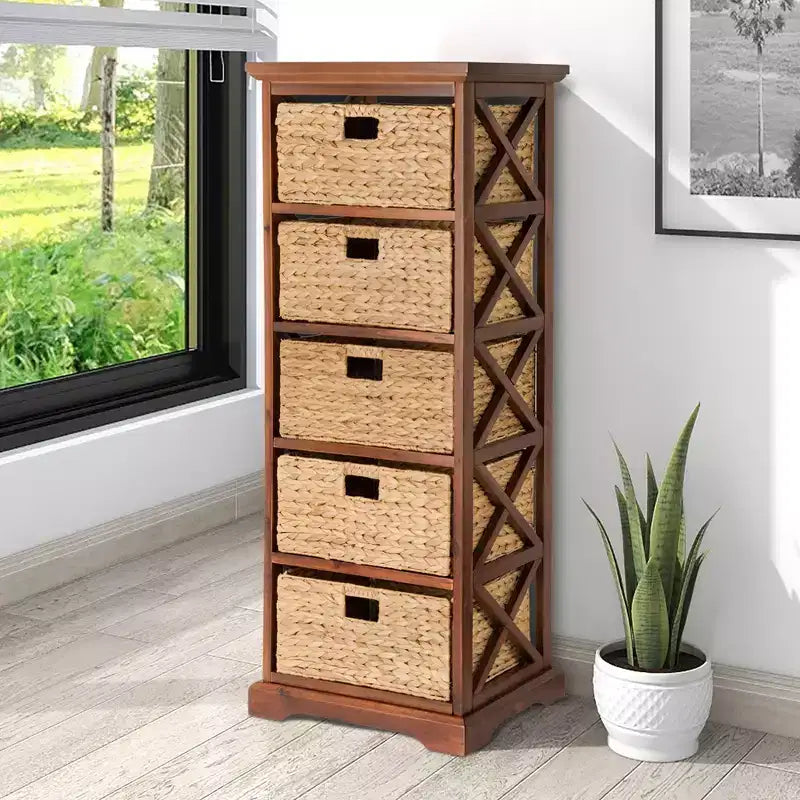 5 Tier X-Side End Storage Cabinet with 5 Water Hyacinth Natural Wicker Baskets