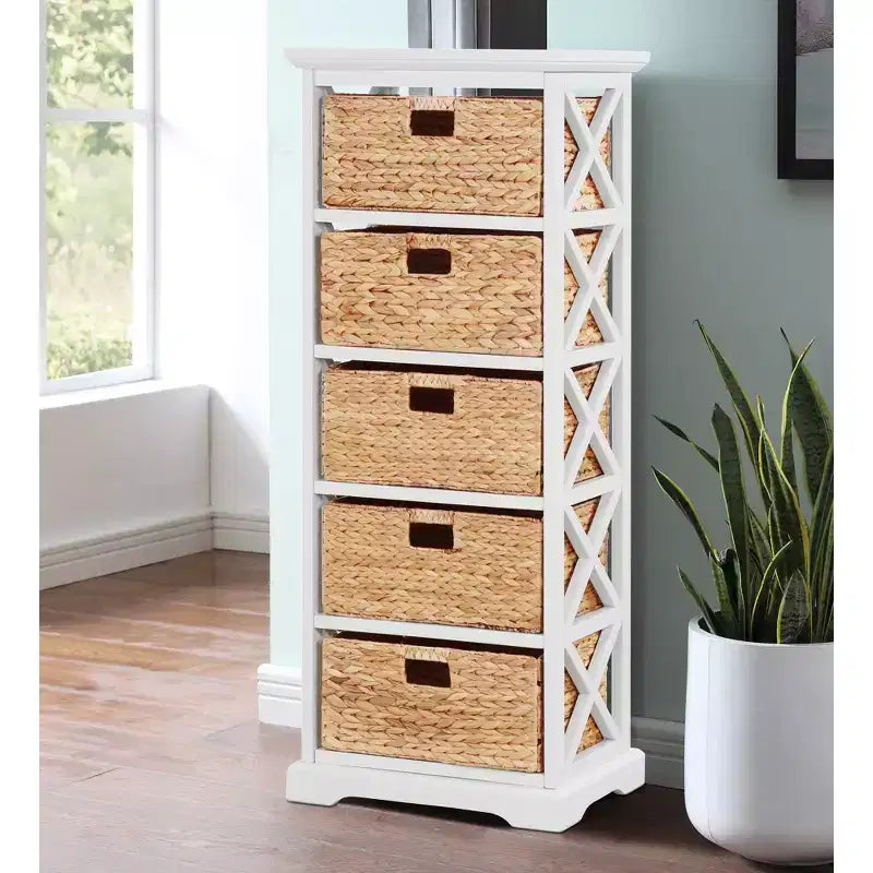 5 Tier X-Side End Storage Cabinet with 5 Water Hyacinth Natural Wicker Baskets