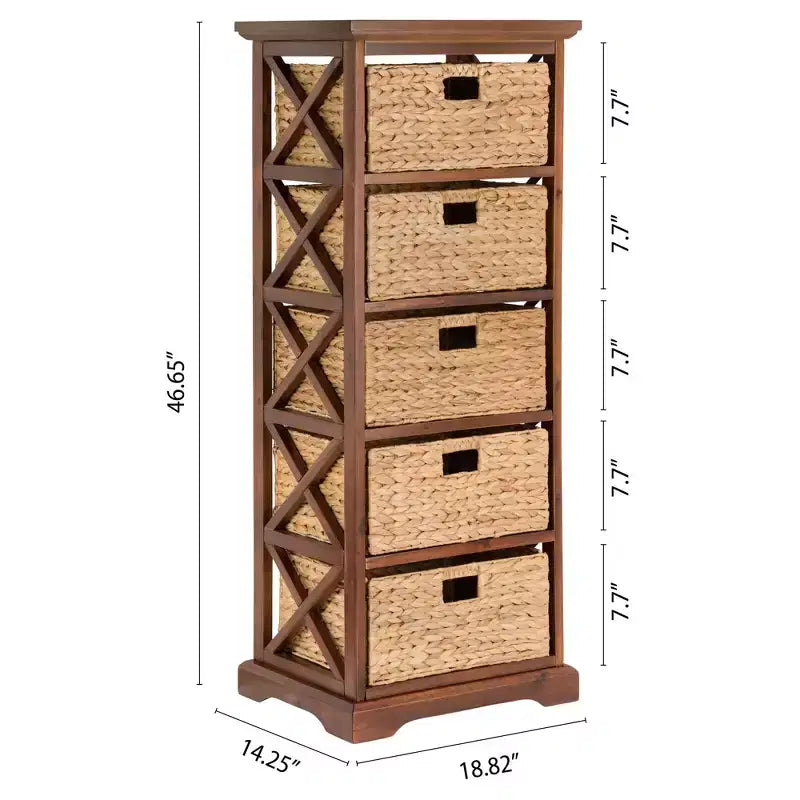 5 Tier X-Side End Storage Cabinet with 5 Water Hyacinth Natural Wicker Baskets