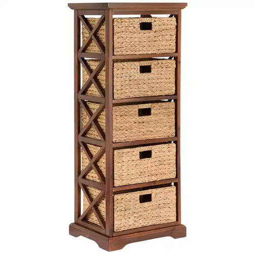 eHemco Hampton Meadows 5 Tier X-Side End Storage Cabinet with 5 Water Hyacinth Natural Wicker Baskets