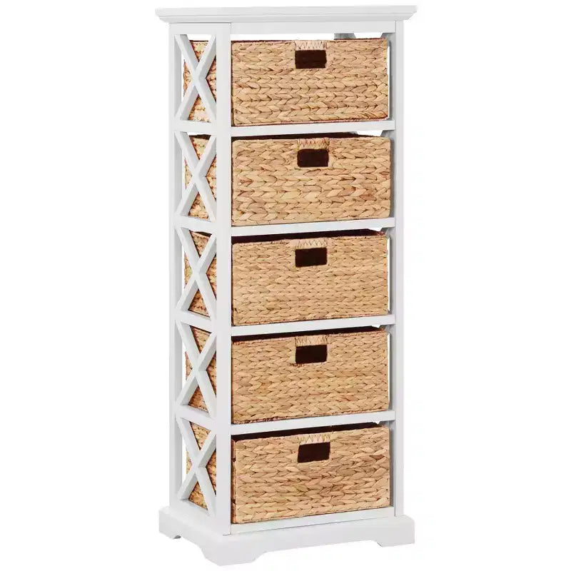 5 Tier X-Side End Storage Cabinet with 5 Water Hyacinth Natural Wicker Baskets