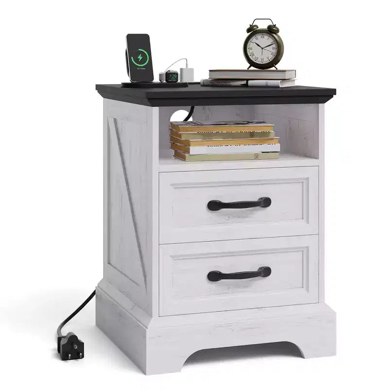 Modern Farmhouse Bedside Tables - 18 Wide with Charging Station (USB/Outlets) &amp; 2 Drawers, Rustic White+Black