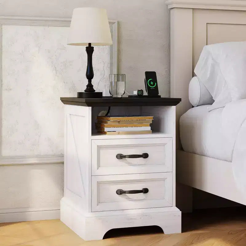 Modern Farmhouse Bedside Tables - 18 Wide with Charging Station (USB/Outlets) &amp; 2 Drawers, Rustic White+Black