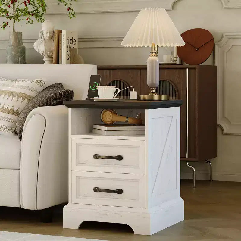 Modern Farmhouse Bedside Tables - 18 Wide with Charging Station (USB/Outlets) &amp; 2 Drawers, Rustic White+Black