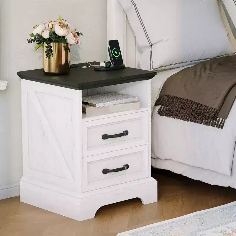 Modern Farmhouse Bedside Tables - 18 Wide with Charging Station (USB/Outlets) &amp; 2 Drawers, Rustic White+Black