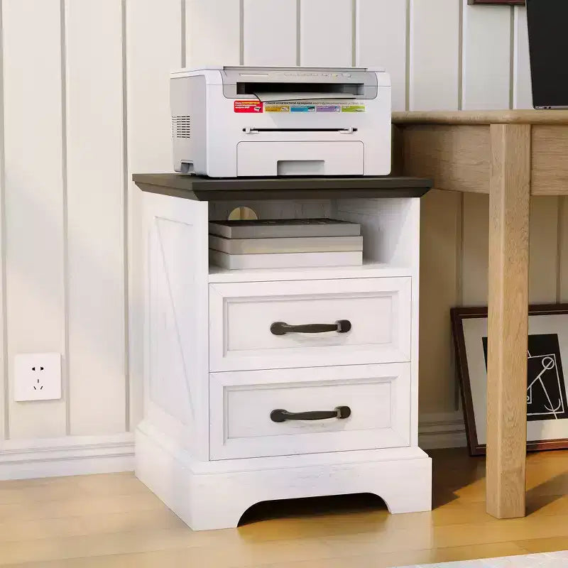 Modern Farmhouse Bedside Tables - 18 Wide with Charging Station (USB/Outlets) &amp; 2 Drawers, Rustic White+Black