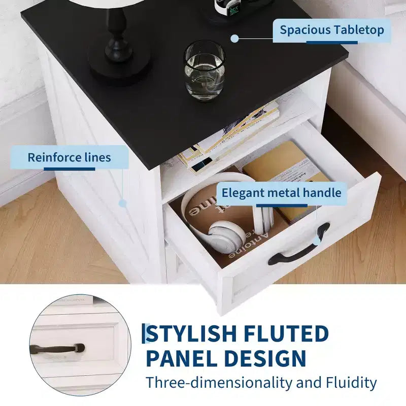 Modern Farmhouse Bedside Tables - 18 Wide with Charging Station (USB/Outlets) &amp; 2 Drawers, Rustic White+Black