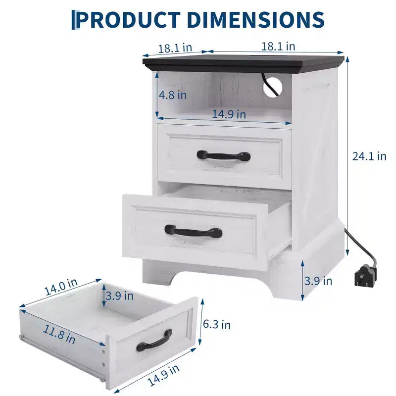 Modern Farmhouse Bedside Tables - 18 Wide with Charging Station (USB/Outlets) &amp; 2 Drawers, Rustic White+Black