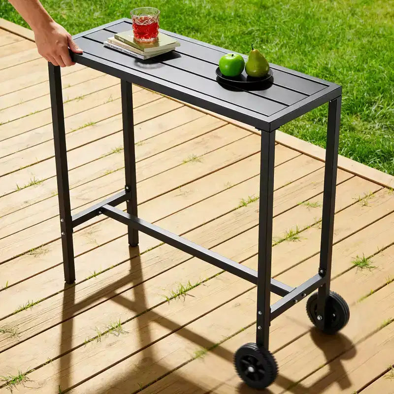 Mobile Outdoor Bar Table with Wheels  Waterproof Metal Top, Adjustable Leveling Feet, Sturdy Counter Height for Patio,Yard, Poolside  Black, 39Inch